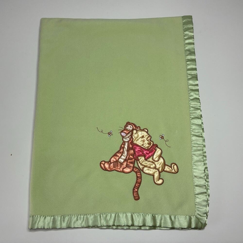 Vintage Disney Baby Winnie the Pooh Tigger Blanket Green Fleece Satin Sleeping